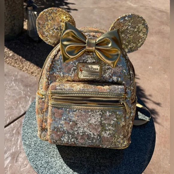 Disney Loungefly NWT Backpack Gold Sparkle,Minnie Ears.Gold Hrdwr. Host Pick - Picture 1 of 12